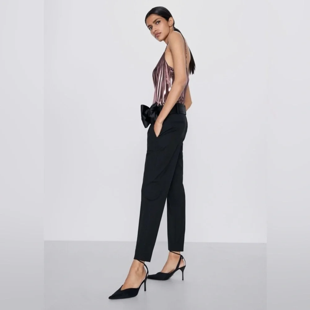 Zara Satin Bow Sash Belt Trousers Dress Pants Cocktail Black Size XL